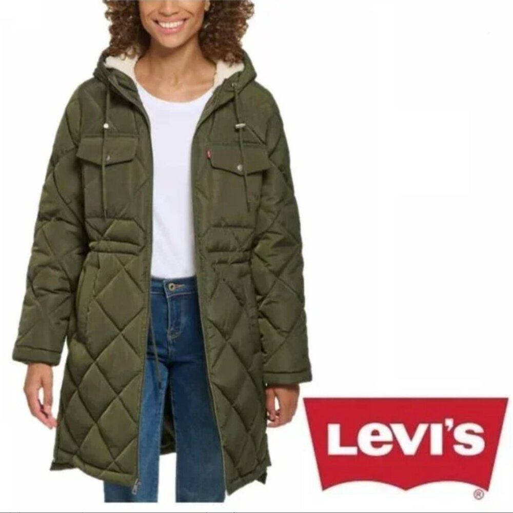 NWT Levi's Quilted Parka Jacket with Plush Hood, Army Green, Size M